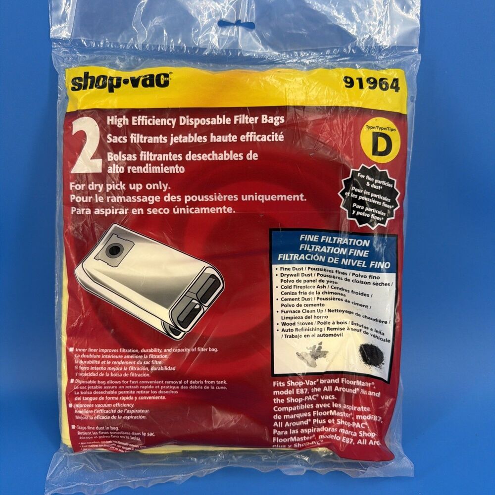 Shop Vac Vacuum Bags 91964 Type D High Efficiency Disposable Filter Bags 2pk